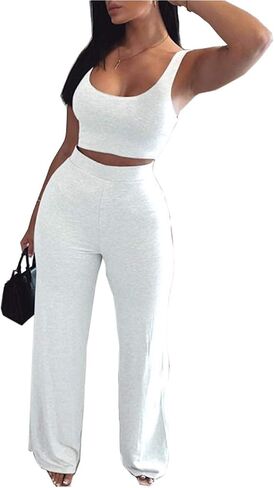 ECDAHICC Womens 2 Piece Outfits Tracksuit Solid Color Tank Sleeveless Crop Top and Wide Leg Loose Long Pants Sweatsuit Set in Saudi Arabia