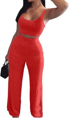 ECDAHICC Womens 2 Piece Outfits Tracksuit Solid Color Tank Sleeveless Crop Top and Wide Leg Loose Long Pants Sweatsuit Set in Saudi Arabia