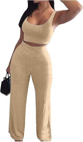 ECDAHICC Womens 2 Piece Outfits Tracksuit Solid Color Tank Sleeveless Crop Top and Wide Leg Loose Long Pants Sweatsuit Set in Saudi Arabia
