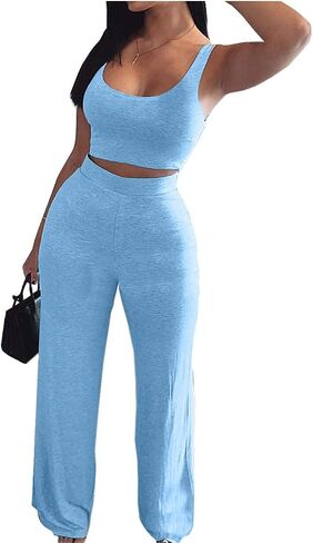 ECDAHICC Womens 2 Piece Outfits Tracksuit Solid Color Tank Sleeveless Crop Top and Wide Leg Loose Long Pants Sweatsuit Set in Saudi Arabia