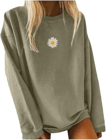 Womens Crewneck Sweatshirts Cored Corduroy Daisy Graphic Casual Oversized Long Sleeve Pullover Tops in Saudi Arabia