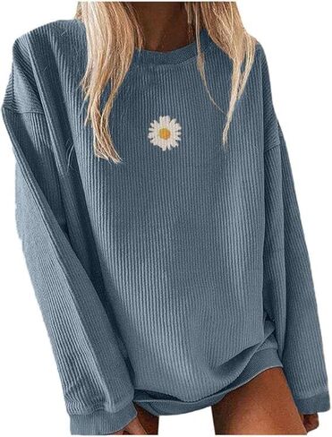 Womens Crewneck Sweatshirts Cored Corduroy Daisy Graphic Casual Oversized Long Sleeve Pullover Tops in Saudi Arabia