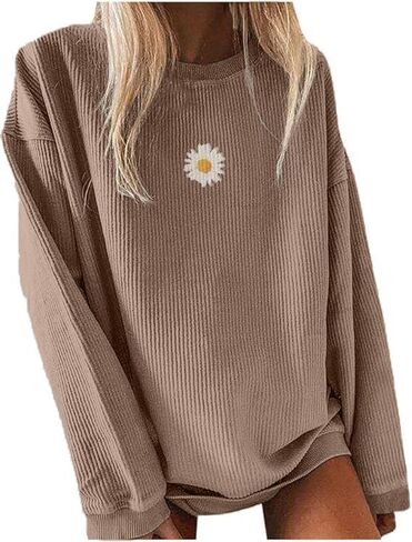 Womens Crewneck Sweatshirts Cored Corduroy Daisy Graphic Casual Oversized Long Sleeve Pullover Tops in Saudi Arabia