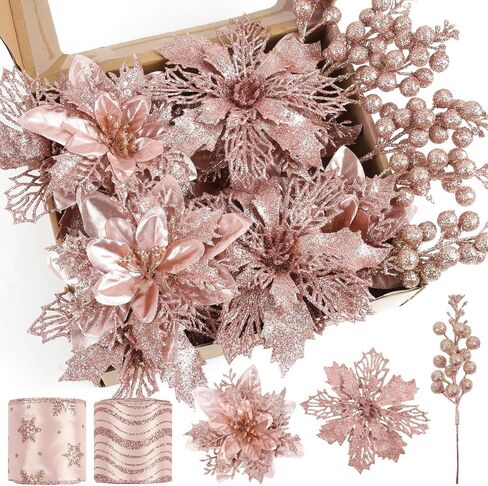 24 Pcs Rose Gold Christmas Tree Decorations Kit Poinsettias Artificial Christmas Flowers Decorations Set Christmas Ribbon Garland for Christmas Tree in Saudi Arabia