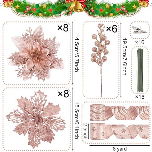 24 Pcs Rose Gold Christmas Tree Decorations Kit Poinsettias Artificial Christmas Flowers Decorations Set Christmas Ribbon Garland for Christmas Tree in Saudi Arabia