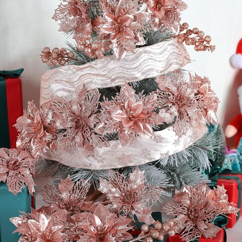 24 Pcs Rose Gold Christmas Tree Decorations Kit Poinsettias Artificial Christmas Flowers Decorations Set Christmas Ribbon Garland for Christmas Tree in Saudi Arabia