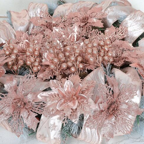 24 Pcs Rose Gold Christmas Tree Decorations Kit Poinsettias Artificial Christmas Flowers Decorations Set Christmas Ribbon Garland for Christmas Tree in Saudi Arabia