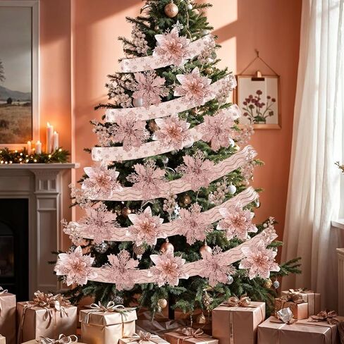 24 Pcs Rose Gold Christmas Tree Decorations Kit Poinsettias Artificial Christmas Flowers Decorations Set Christmas Ribbon Garland for Christmas Tree in Saudi Arabia