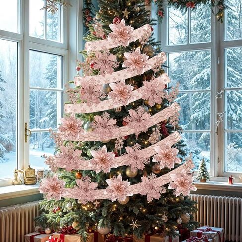 24 Pcs Rose Gold Christmas Tree Decorations Kit Poinsettias Artificial Christmas Flowers Decorations Set Christmas Ribbon Garland for Christmas Tree in Saudi Arabia
