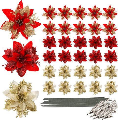 frcctre 30 حزمة 5 بوصة عيد الميلاد بريق البونسيتة الزهور، بريق عيد الميلاد الزهور الاصطناعية الزينة مع مقاطع وينبع شجرة عيد الميلاد الحلي لعيد الميلاد حفل زفاف إكليل ديكور in Kuwait