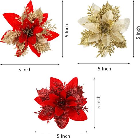 frcctre 30 حزمة 5 بوصة عيد الميلاد بريق البونسيتة الزهور، بريق عيد الميلاد الزهور الاصطناعية الزينة مع مقاطع وينبع شجرة عيد الميلاد الحلي لعيد الميلاد حفل زفاف إكليل ديكور in Kuwait