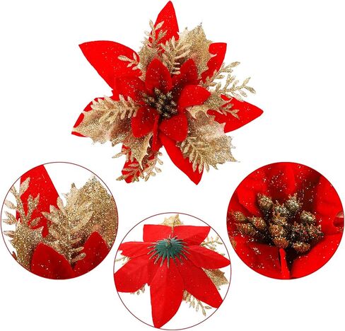 frcctre 30 حزمة 5 بوصة عيد الميلاد بريق البونسيتة الزهور، بريق عيد الميلاد الزهور الاصطناعية الزينة مع مقاطع وينبع شجرة عيد الميلاد الحلي لعيد الميلاد حفل زفاف إكليل ديكور in Kuwait