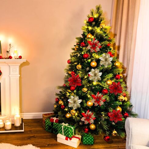 frcctre 30 حزمة 5 بوصة عيد الميلاد بريق البونسيتة الزهور، بريق عيد الميلاد الزهور الاصطناعية الزينة مع مقاطع وينبع شجرة عيد الميلاد الحلي لعيد الميلاد حفل زفاف إكليل ديكور in Kuwait