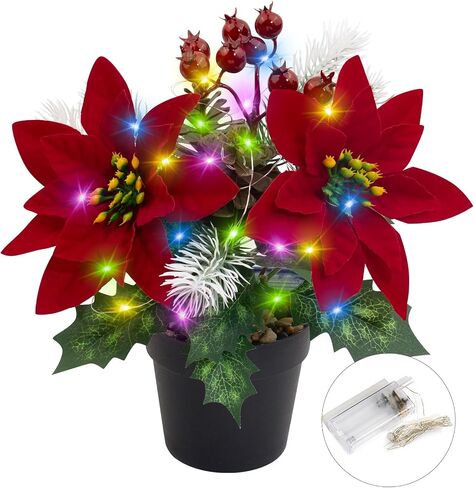 Christmas Poinsettia Plants Decorations Pre-Lit Artificial Poinsettia Flower - LED Lighted Faux Poinsettia Pinecone Berry Flowers Home Table Window Gift Xmas Ornament(Red, 9.1inch) in Saudi Arabia