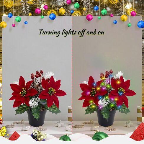 Christmas Poinsettia Plants Decorations Pre-Lit Artificial Poinsettia Flower - LED Lighted Faux Poinsettia Pinecone Berry Flowers Home Table Window Gift Xmas Ornament(Red, 9.1inch) in Saudi Arabia