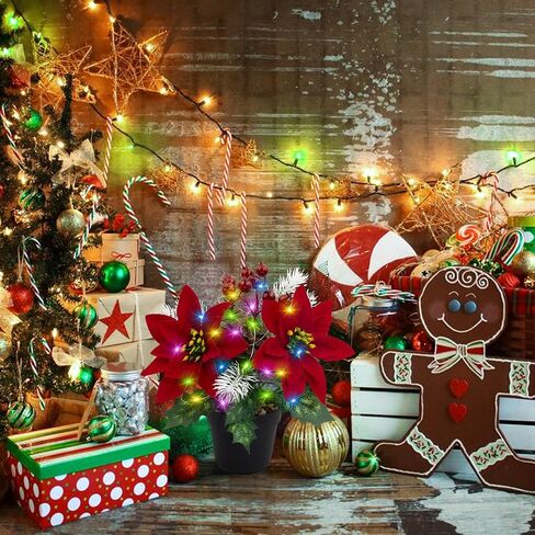 Christmas Poinsettia Plants Decorations Pre-Lit Artificial Poinsettia Flower - LED Lighted Faux Poinsettia Pinecone Berry Flowers Home Table Window Gift Xmas Ornament(Red, 9.1inch) in Saudi Arabia