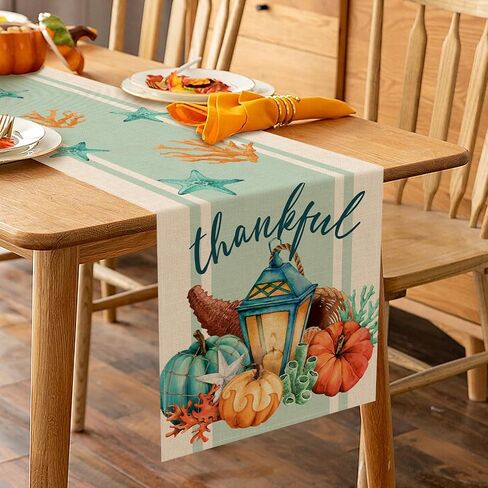 Seliem Thanksgiving Pumpkin Starfish Coral Table Runner, Thankful Cornucopia Sea Ocean Fall Coastal Kitchen Dining Table Decor, Autumn Nautical Home Decoration Indoor Outdoor Party Supply 13x72 Inches in Saudi Arabia
