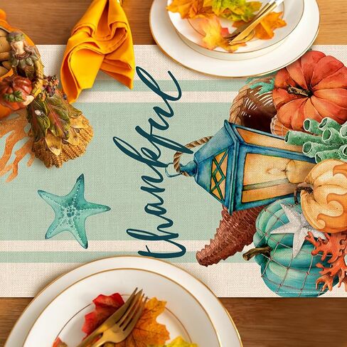 Seliem Thanksgiving Pumpkin Starfish Coral Table Runner, Thankful Cornucopia Sea Ocean Fall Coastal Kitchen Dining Table Decor, Autumn Nautical Home Decoration Indoor Outdoor Party Supply 13x72 Inches in Saudi Arabia