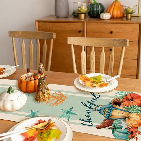 Seliem Thanksgiving Pumpkin Starfish Coral Table Runner, Thankful Cornucopia Sea Ocean Fall Coastal Kitchen Dining Table Decor, Autumn Nautical Home Decoration Indoor Outdoor Party Supply 13x72 Inches in Saudi Arabia