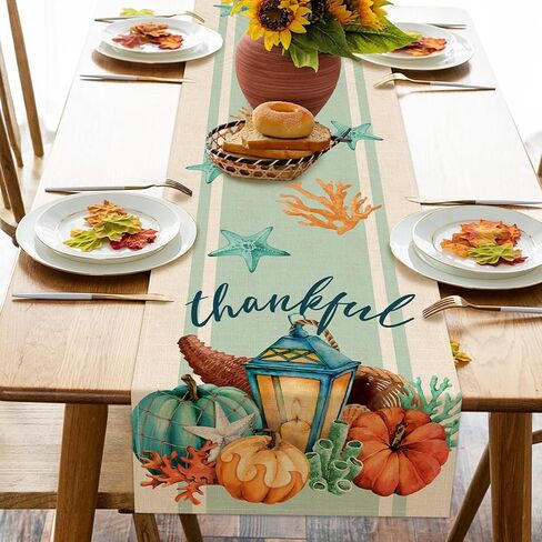 Seliem Thanksgiving Pumpkin Starfish Coral Table Runner, Thankful Cornucopia Sea Ocean Fall Coastal Kitchen Dining Table Decor, Autumn Nautical Home Decoration Indoor Outdoor Party Supply 13x72 Inches in Saudi Arabia