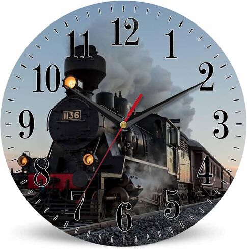 Morning Train Wall Clock Old Steam Train Smoke Rairoad Sunrise 10 Inch Silent Non Ticking Battery Operated Clock Vintage Round Clock for Living Room Bedroom Bathroom Office Decor in Saudi Arabia