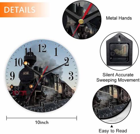 Morning Train Wall Clock Old Steam Train Smoke Rairoad Sunrise 10 Inch Silent Non Ticking Battery Operated Clock Vintage Round Clock for Living Room Bedroom Bathroom Office Decor in Saudi Arabia