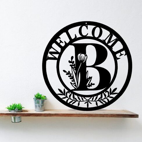 Initial Welcome Sign Front Door Wreath, 12 Inch Metal Monogrammed Sign Farmhouse Porch Sign Wall Art Decor, Monogram Rustic Welcome Wreath for Indoor Outdoor (Letter B) in Saudi Arabia