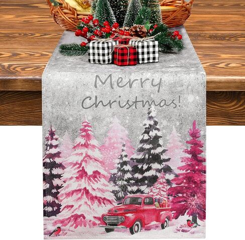 Christmas Tree Table Runner Snowflake Red Truck Table Runner Merry Xmas Table Runner Farmhouse Winter Holiday Kitchen Dining Table Decoration for Indoor Outdoor Home Party Decor, 13 x 72 Inch, Pink in Saudi Arabia