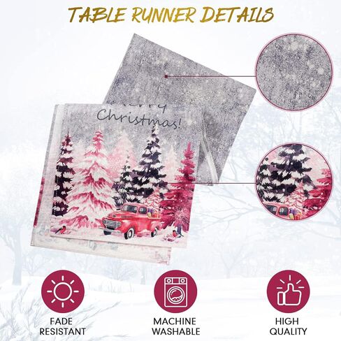 Christmas Tree Table Runner Snowflake Red Truck Table Runner Merry Xmas Table Runner Farmhouse Winter Holiday Kitchen Dining Table Decoration for Indoor Outdoor Home Party Decor, 13 x 72 Inch, Pink in Saudi Arabia