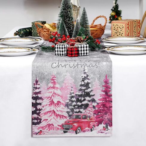 Christmas Tree Table Runner Snowflake Red Truck Table Runner Merry Xmas Table Runner Farmhouse Winter Holiday Kitchen Dining Table Decoration for Indoor Outdoor Home Party Decor, 13 x 72 Inch, Pink in Saudi Arabia