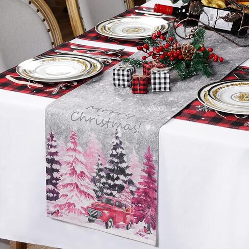 Christmas Tree Table Runner Snowflake Red Truck Table Runner Merry Xmas Table Runner Farmhouse Winter Holiday Kitchen Dining Table Decoration for Indoor Outdoor Home Party Decor, 13 x 72 Inch, Pink in Saudi Arabia