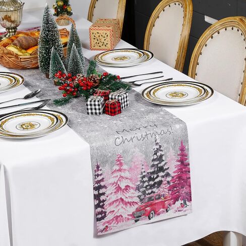 Christmas Tree Table Runner Snowflake Red Truck Table Runner Merry Xmas Table Runner Farmhouse Winter Holiday Kitchen Dining Table Decoration for Indoor Outdoor Home Party Decor, 13 x 72 Inch, Pink in Saudi Arabia