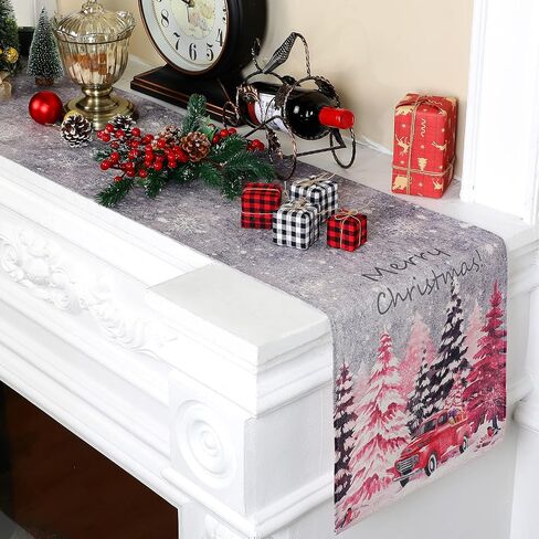 Christmas Tree Table Runner Snowflake Red Truck Table Runner Merry Xmas Table Runner Farmhouse Winter Holiday Kitchen Dining Table Decoration for Indoor Outdoor Home Party Decor, 13 x 72 Inch, Pink in Saudi Arabia