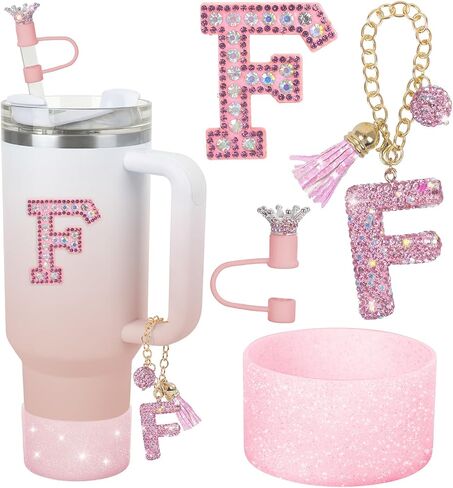 JUNIQUTE Pink Diamond Letter Charms Accessories For Handle Set,Bottom Protector for 40oz 30oz Stanley Cup Diamond Crown Straw Cover & Diamond Sticker (M) in Saudi Arabia
