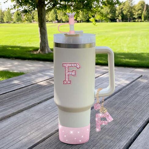 JUNIQUTE Pink Diamond Letter Charms Accessories For Handle Set,Bottom Protector for 40oz 30oz Stanley Cup Diamond Crown Straw Cover & Diamond Sticker (M) in Saudi Arabia