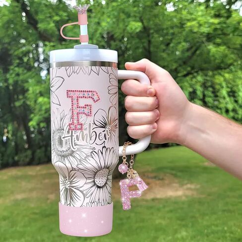 JUNIQUTE Pink Diamond Letter Charms Accessories For Handle Set,Bottom Protector for 40oz 30oz Stanley Cup Diamond Crown Straw Cover & Diamond Sticker (M) in Saudi Arabia