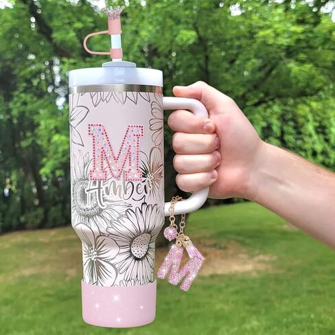 JUNIQUTE Pink Diamond Letter Charms Accessories For Handle Set,Bottom Protector for 40oz 30oz Stanley Cup Diamond Crown Straw Cover & Diamond Sticker (M) in Saudi Arabia