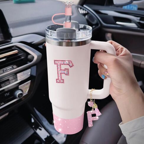JUNIQUTE Pink Diamond Letter Charms Accessories For Handle Set,Bottom Protector for 40oz 30oz Stanley Cup Diamond Crown Straw Cover & Diamond Sticker (M) in Saudi Arabia