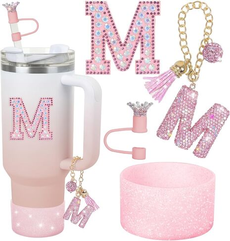 JUNIQUTE Pink Diamond Letter Charms Accessories For Handle Set,Bottom Protector for 40oz 30oz Stanley Cup Diamond Crown Straw Cover & Diamond Sticker (M) in Saudi Arabia