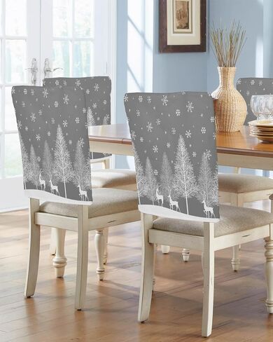 Grey Christmas Tree Chair Covers Set of 4 for Dining Room, Gray Xmas Elk Winter Snowflake Chair Back Cover Removable Kitchen Chair Slipcovers Seat Protector for Party Banquet Christmas Decorations in Saudi Arabia