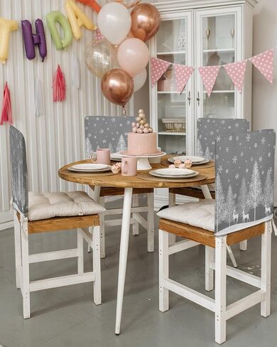 Grey Christmas Tree Chair Covers Set of 4 for Dining Room, Gray Xmas Elk Winter Snowflake Chair Back Cover Removable Kitchen Chair Slipcovers Seat Protector for Party Banquet Christmas Decorations in Saudi Arabia