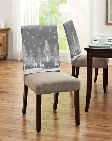 Grey Christmas Tree Chair Covers Set of 4 for Dining Room, Gray Xmas Elk Winter Snowflake Chair Back Cover Removable Kitchen Chair Slipcovers Seat Protector for Party Banquet Christmas Decorations in Saudi Arabia