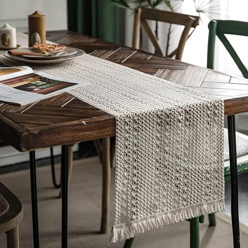 مفرش طاولة بوهو مع شرابات مقاس 11.8 × 70 بوصة (180 × 30 سم) مفرش طاولة كريمي لديكور منزل المزرعة ومفرش طاولة لتناول الطعام البوهيمي وديكور غرفة النوم ودش الزفاف الريفي من بابل مينت in Saudi Arabia