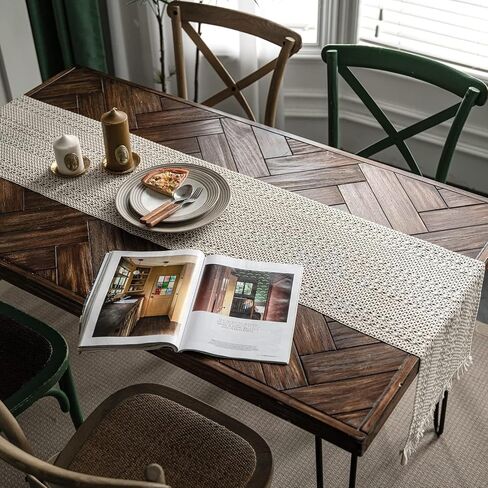 مفرش طاولة بوهو مع شرابات مقاس 11.8 × 70 بوصة (180 × 30 سم) مفرش طاولة كريمي لديكور منزل المزرعة ومفرش طاولة لتناول الطعام البوهيمي وديكور غرفة النوم ودش الزفاف الريفي من بابل مينت in Saudi Arabia