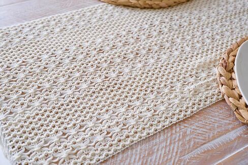 مفرش طاولة بوهو مع شرابات مقاس 11.8 × 70 بوصة (180 × 30 سم) مفرش طاولة كريمي لديكور منزل المزرعة ومفرش طاولة لتناول الطعام البوهيمي وديكور غرفة النوم ودش الزفاف الريفي من بابل مينت in Saudi Arabia