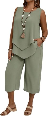 SHENHE Women's Plus Size 2 Piece Summer Outfits Crew Neck Tank Top Tunic Shirt and Capri Pants Set in Saudi Arabia