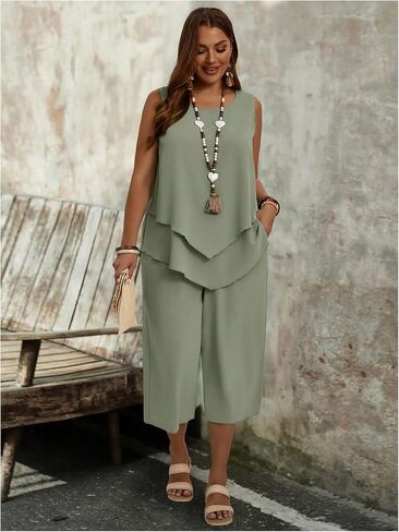SHENHE Women's Plus Size 2 Piece Summer Outfits Crew Neck Tank Top Tunic Shirt and Capri Pants Set in Saudi Arabia
