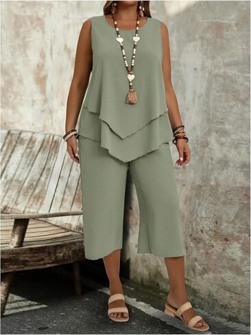 SHENHE Women's Plus Size 2 Piece Summer Outfits Crew Neck Tank Top Tunic Shirt and Capri Pants Set in Saudi Arabia