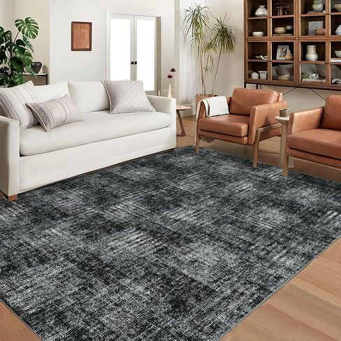 8x10 Area Rug Machine Washable Rug for Living Room Plaid Checkered Indoor Accent Rug Stain Resistant Non-Slip Modern Abstract Aesthetic Floor Cover Carpet for Home Decor, Dark Grey in Saudi Arabia