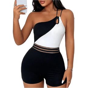 WDIRARA Women's Color Block Asymmetrical Neck Rompers Cut Out Sleeveless Unitard Jumpsuit